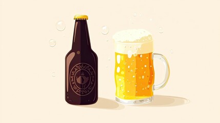 A bottle and glass of refreshing golden beer