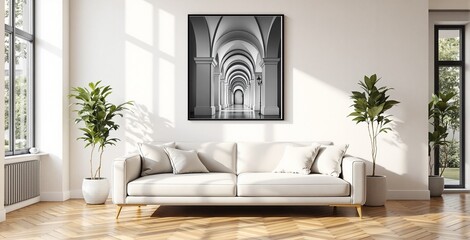 Modern Living Room with Elegant Arch Design Art and Natural Light