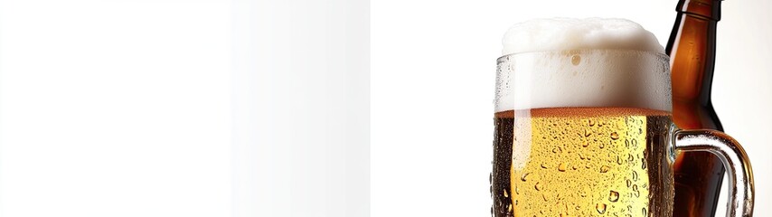 Frothy Beer in a Glass Mug with Bottle