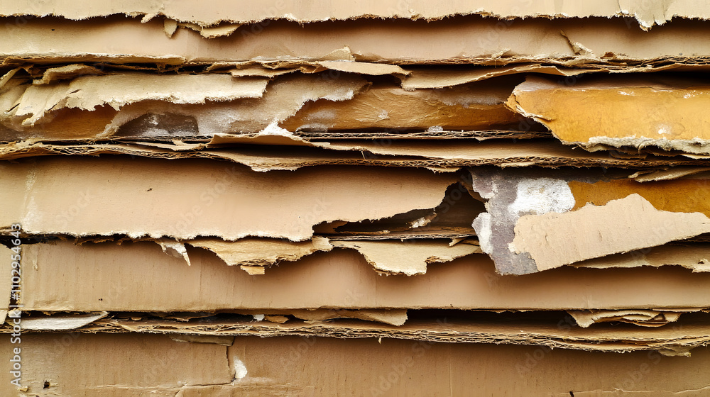 Poster close-up shot of a stack of layered, torn cardboard sheets. the texture is rough and shows signs of 