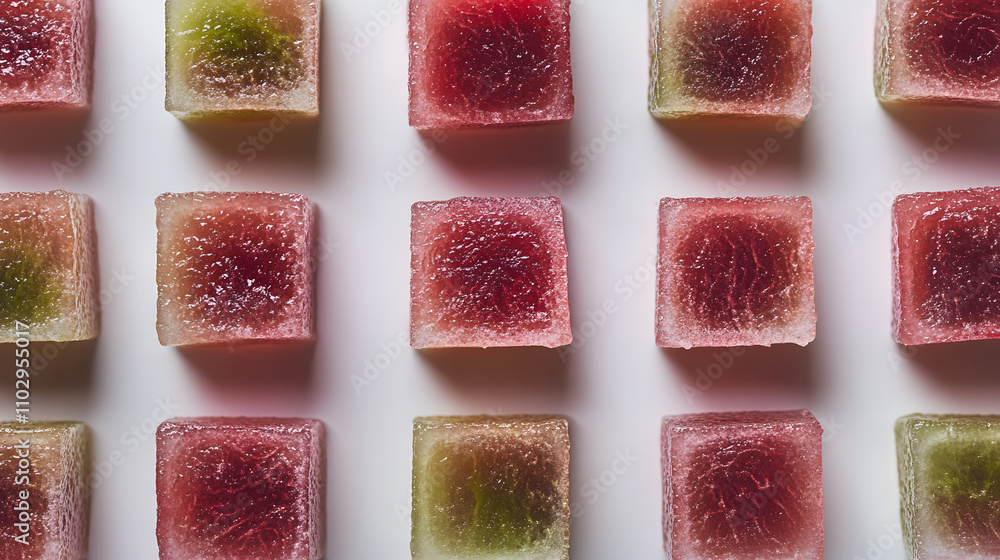 Poster a flatlay image showcases an array of vibrant, square-shaped jellies in alternating red and green hu