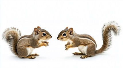 Obraz premium Two cute squirrels facing each other, white background