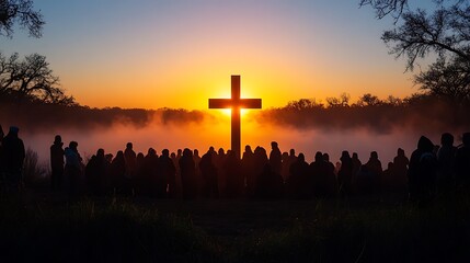Easter morning service at dawn, worshippers gathered in a circle around a cross, vibrant sunrise casting a warm glow, faces filled with peace and reflection, soft mist in the background,