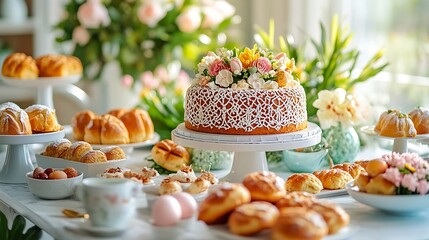Obraz premium Elegant Easter brunch table, centerpiece of a traditional Easter cake with intricate patterns, surrounded by hot cross buns, colorful pastries, and fresh flowers, bright and airy lighting,