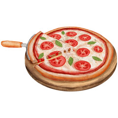 Watercolor Illustration of Pizza Slices on Wood Plate
