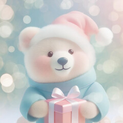 サンタ帽子を被ってプレゼントをもらって喜ぶくま