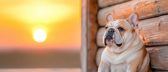 Relaxed dog sitting on porch at sunset, warm atmosphere, serene vibe