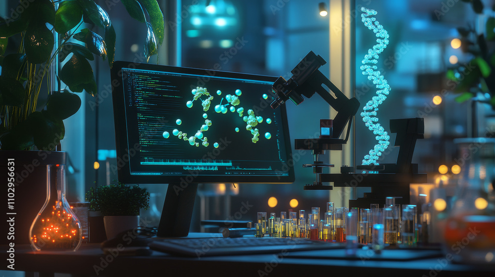 Poster scientists use computers and labs to study molecules and genes. they create 3d models to understand 