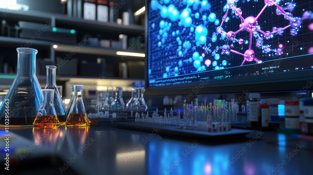 Leinwandbilder scientists use computers and labs to study molecules and genes. they create 3d models to understand 