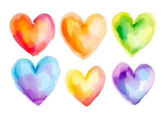 Fototapeta premium Rainbow color hand drawn hearts doodle set white background. Watercolor painted heart silhouette collection, love symbol, Valentine's Day sign, romantic design element, group of colorful icons design