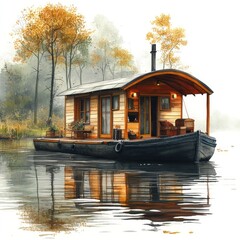 Obraz premium A cozy houseboat on calm waters surrounded by autumn trees.