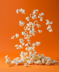 White popcorn kernels float dynamically against a vibrant orange background, creating a sense of motion and energy with scattered crumbs accentuating the scene.