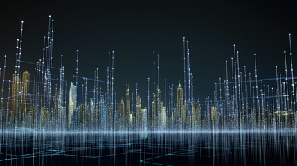 Fototapeta premium A city skyline at night featuring tall skyscrapers illuminated with vertical light beams, creating a dramatic and futuristic ambiance.