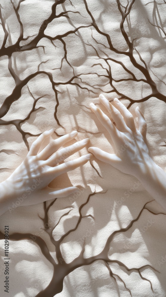 Poster hands gently touch a textured surface with branching shadows, ai