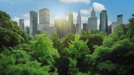 New York city abstract skyline with tall skyscrapers rising above a dense green forest, showcasing harmony between urban life and nature.