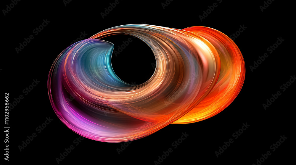 Poster an abstract illustration featuring swirling colorful patterns of orange, blue, and pink against a bl