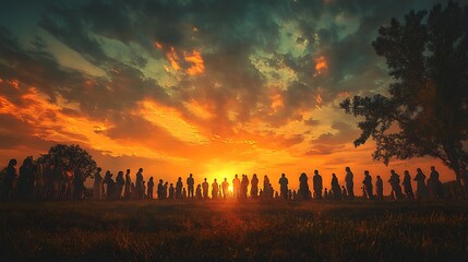 Outdoor sunrise service, people standing in prayerful reflection, bright colors of dawn lighting up the scene, a sense of peace and hope as sunlight washes over the gathering,