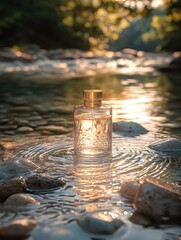 Photograph of a bottle of perfume placed on the water surface, surrounded by rocks, with ripples in the river and sunlight shining through them.