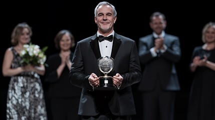 A man in formal wear holds an award, surrounded by applauding individuals on stage.