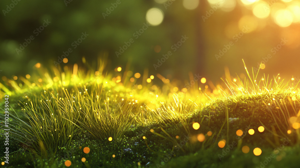 Poster Lush green grass illuminated by soft sunlight, dotted with sparkling dew drops creating a serene natural scene with a bokeh effect for environment.