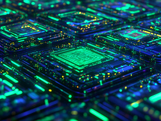 Obraz premium Futuristic geometric grid pattern, in style of sci-fi digital art, 3D wireframe visuals with glowing neon blue and green circuits, complex shapes overlapping, immersive, high-tech, intricate, sleek