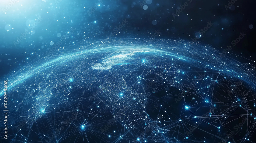 Poster global networks, massive data, and advanced technology like blockchain are shown with swirling, orbi