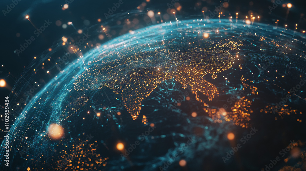 Poster global networks, massive data, and advanced technology like blockchain are shown with swirling, orbi