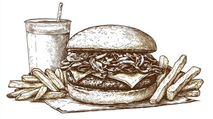 Fototapeta premium A hand-drawn illustration of a burger with fries and a drink, depicting a classic meal.
