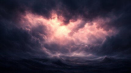 Obraz premium Radiant light shining through heavy storm clouds, rays illuminating the dark sky, capturing the essence of hope, renewal, and resurrection, soft mist rising from the ground,