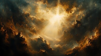 Naklejka premium Radiant light shining through heavy storm clouds, rays illuminating the dark sky, capturing the essence of hope, renewal, and resurrection, soft mist rising from the ground,