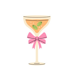 Olive cocktail. Alcohol drink. Party beverage. Glass with bow. Martini.