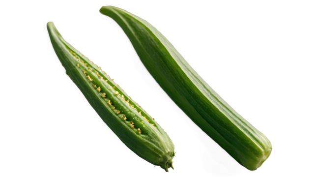 Whole and Halved Okra Pods Isolated  
