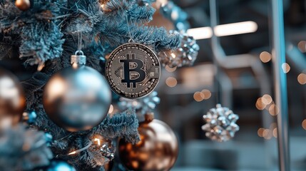 Christmas bitcoin gift decoration festive celebration holiday environment indoor perspective unique concept
