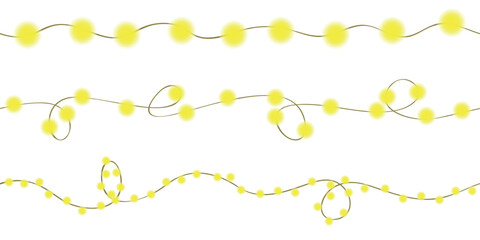 Seamless garlands with yellow light bulbs different sizes. The wires have loops and waves. Christmas, New Year decoration isolated on brown.