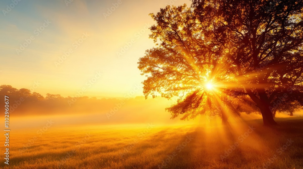 Poster sunlight streaming through tree branches at sunrise, creating a tranquil scene.