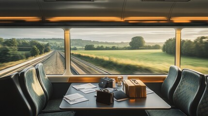 Fototapeta premium Scenic train interior with a table, documents, and a view of fields and railway tracks.