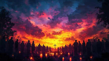 Fototapeta premium Silhouettes of people gathered at dawn, holding candles as the sun rises, vibrant colors in the background, cross set against the sky, capturing the essence of worship, hope, and spiritual renewal,