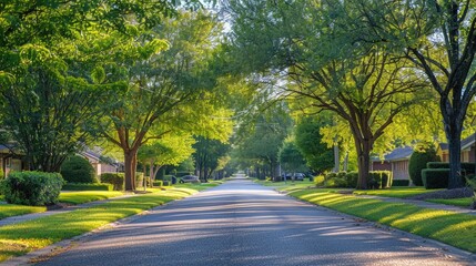 Obraz premium an image of a suburban road flanked by leafy trees and bushes, providing shade and a natural touch to the neighborhood-