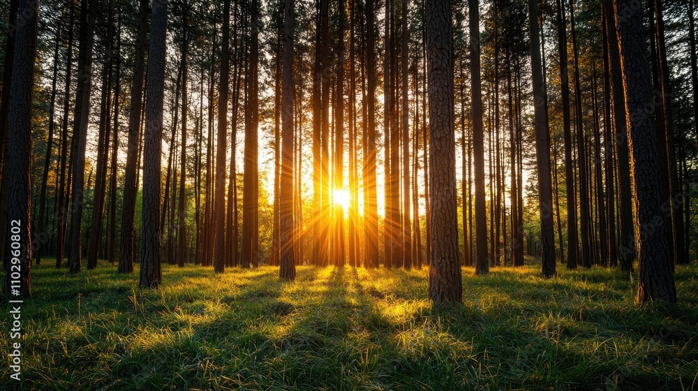 Poster sunlight filtering through tall trees in a serene forest setting.