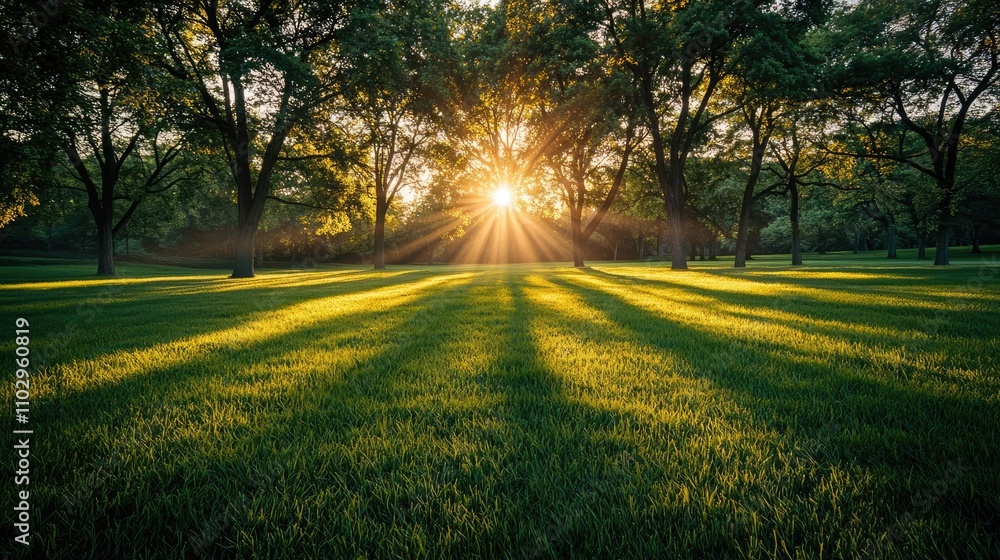 Poster sunlight rays shining through trees over vibrant green grass in a tranquil setting.