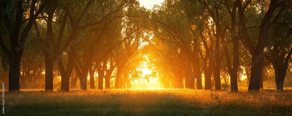 Poster sunlight filtering through trees in a serene forest at sunset.