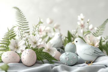 Obraz premium Elegant pastel Easter decorations featuring decorative eggs, flowers, and birds arranged for spring celebration