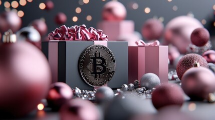 Festive bitcoin gift boxes surrounded by ornaments and lights in a holiday atmosphere