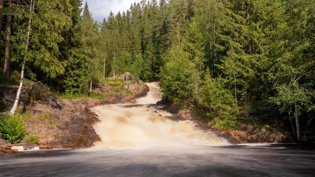Hyperlapse footage of the Vangan River flowing in a lush woods on a sunny day in Brattfallet, Sweden