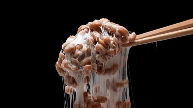 糸を引く納豆の黒背景4Kスローモーション動画