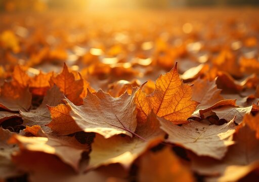 Autumn leaves cover the ground in a warm golden glow during sunset