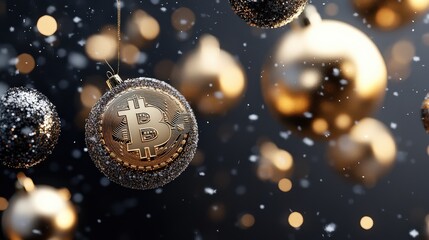 Christmas bitcoin gift ornaments festive decor holiday celebration home close-up cryptocurrency concept