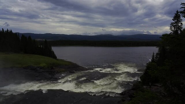 Tannforsen Waterfall on Are River (Arealven), located near Duved, Jamtland, Sweden, on a cloudy day