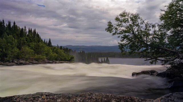Tannforsen Waterfall on Are River (Arealven), located near Duved, Jamtland, Sweden, on a cloudy day