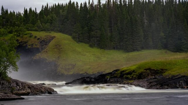 Tannforsen Waterfall on Are River, located near Duved in Jamtland region, Sweden, on a cloudy day